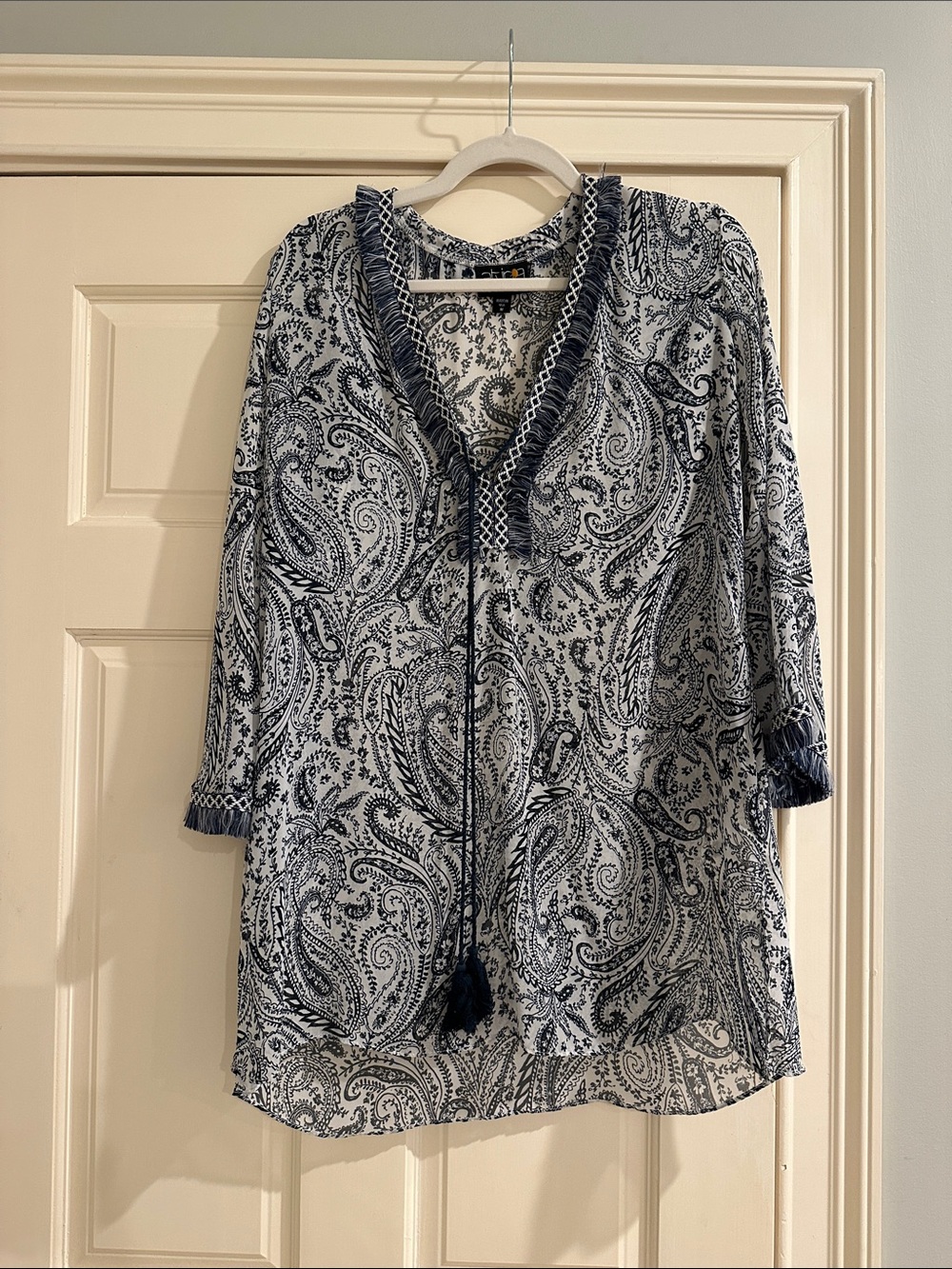 Navy and White Paisley Tunic Blouse